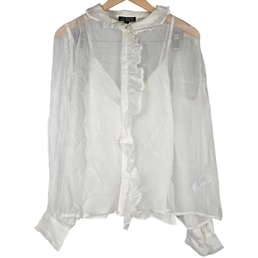 J. Crew Ruffle button-up shirt‎ in crinkle chiffon in Ivory 6 NWT
